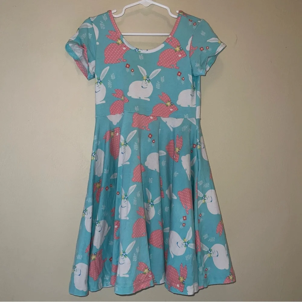 Eleanor Rose 6/7 Aqua Bunny Print Short Sleeve Easter Dress